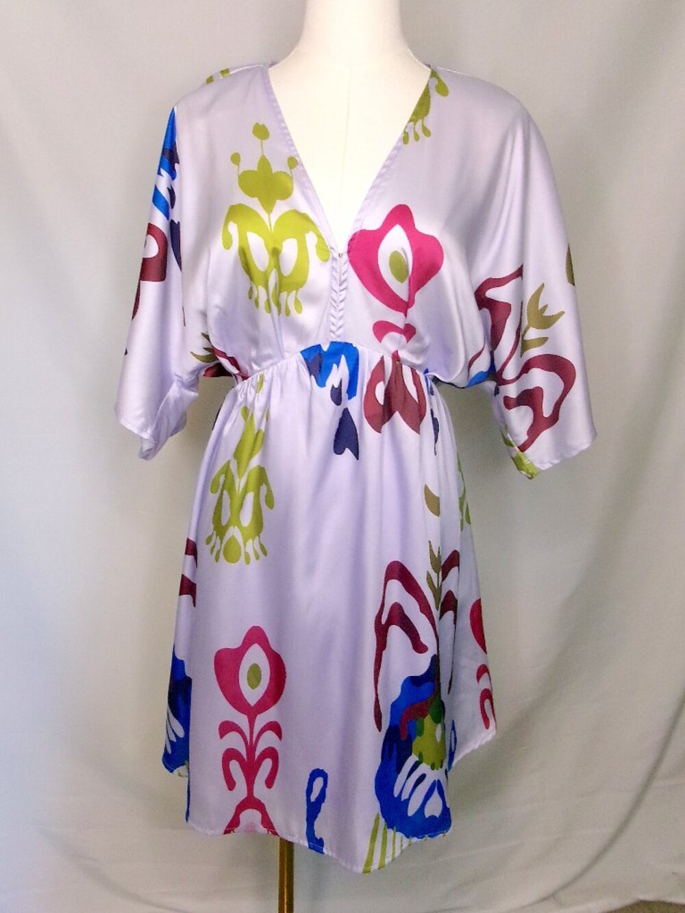 Entro Womens Small Lavender Abstract Floral Mini Dress Kimono Sleeve V Neck
